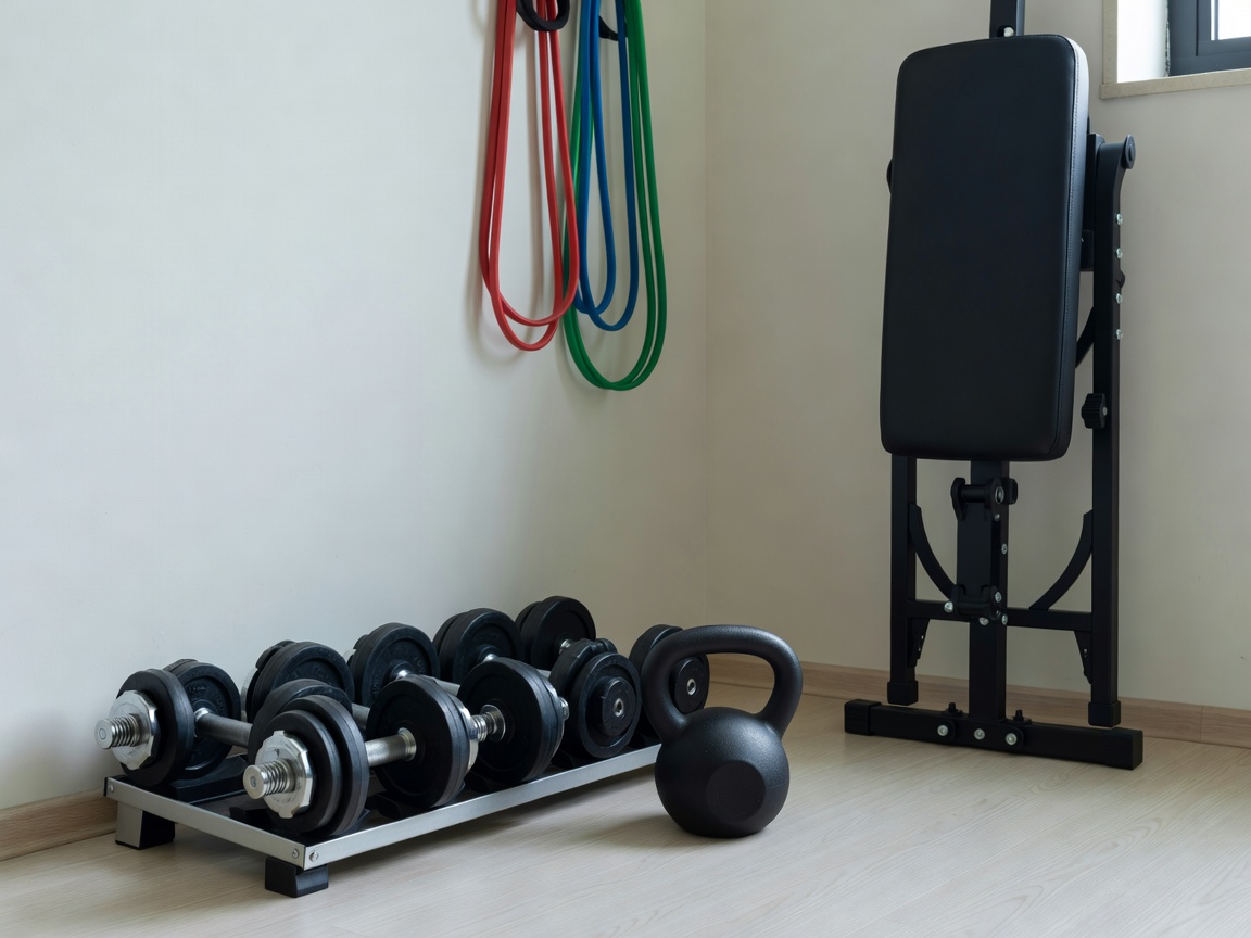 Adjustable dumbbells, kettlebell and resistance bands stored neatly beside a folding bench in a small flat
