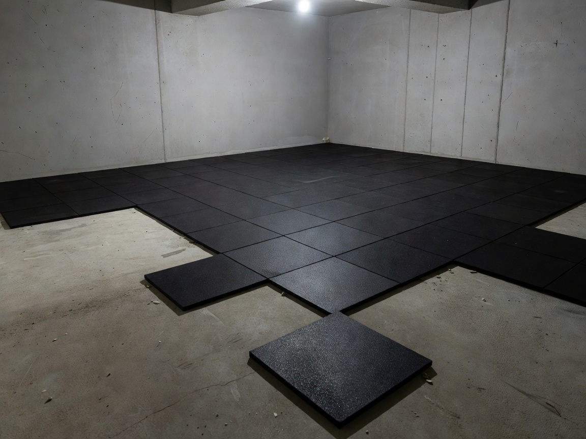 Empty basement room with rubber floor tiles part-laid, ready for gym equipment
