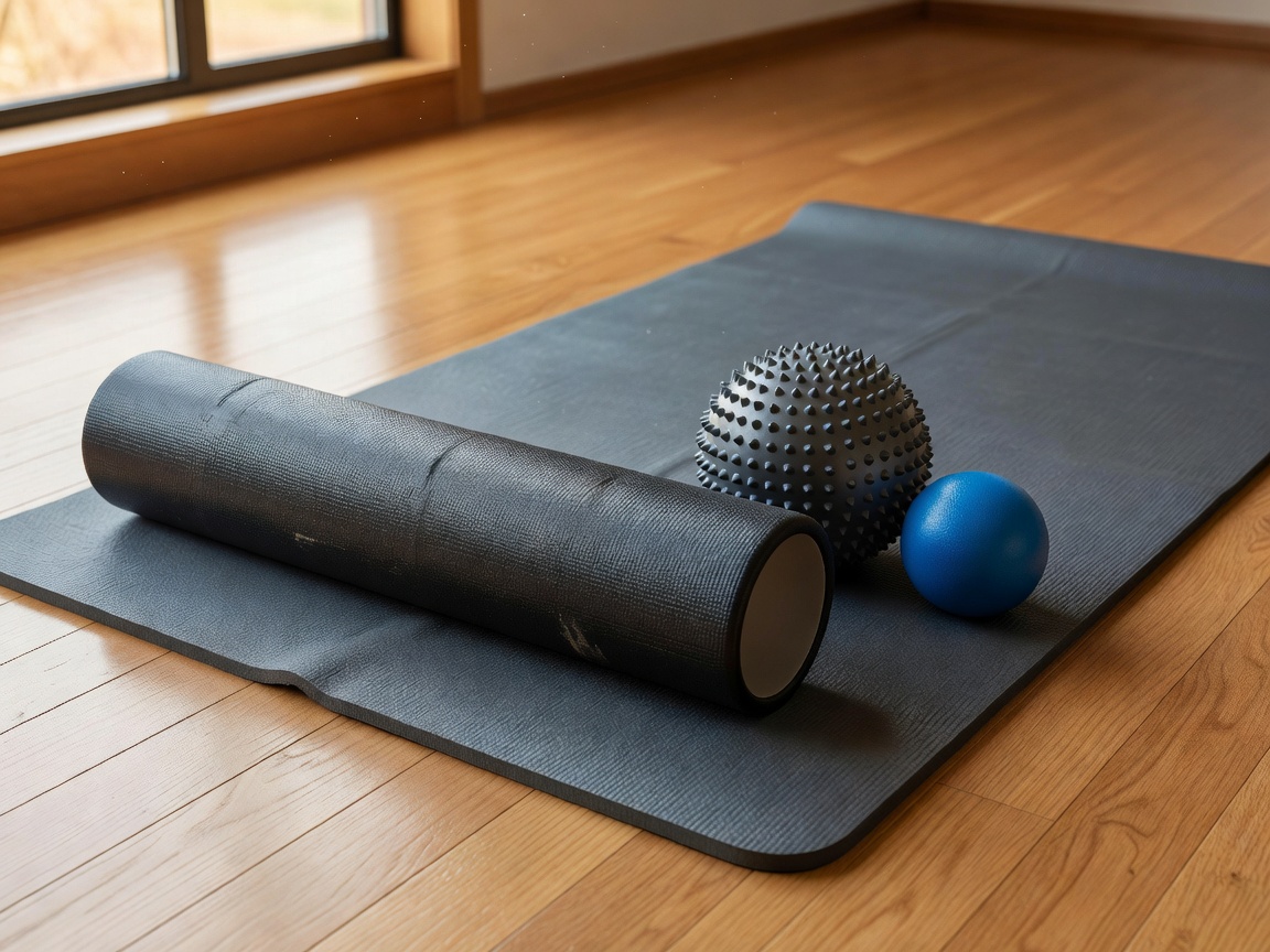 Foam roller, mobility ball and exercise mat laid out for a post-training recovery session