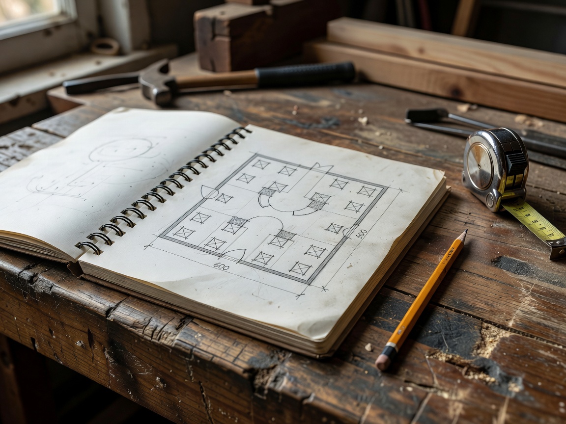 Notebook, tape measure and pencil on a workbench used for sketching a gym layout