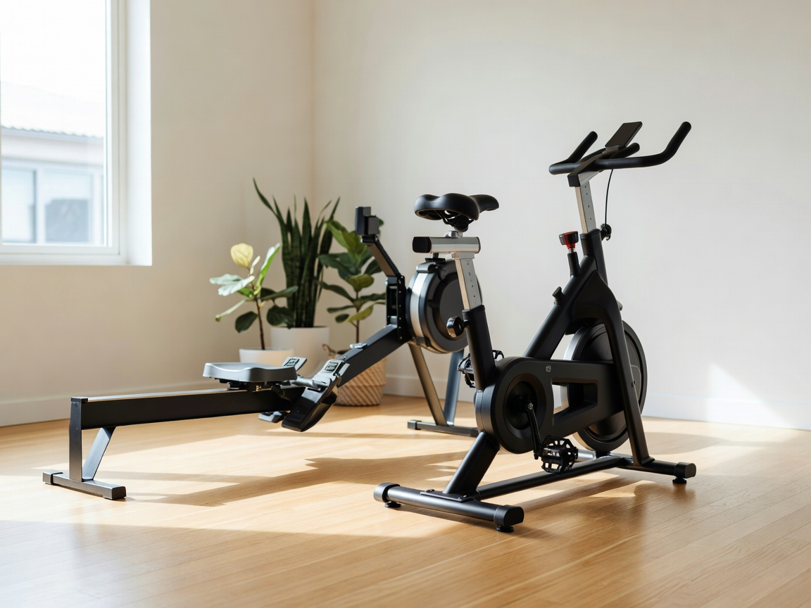 Rowing machine and stationary bike side by side in a bright home cardio corner