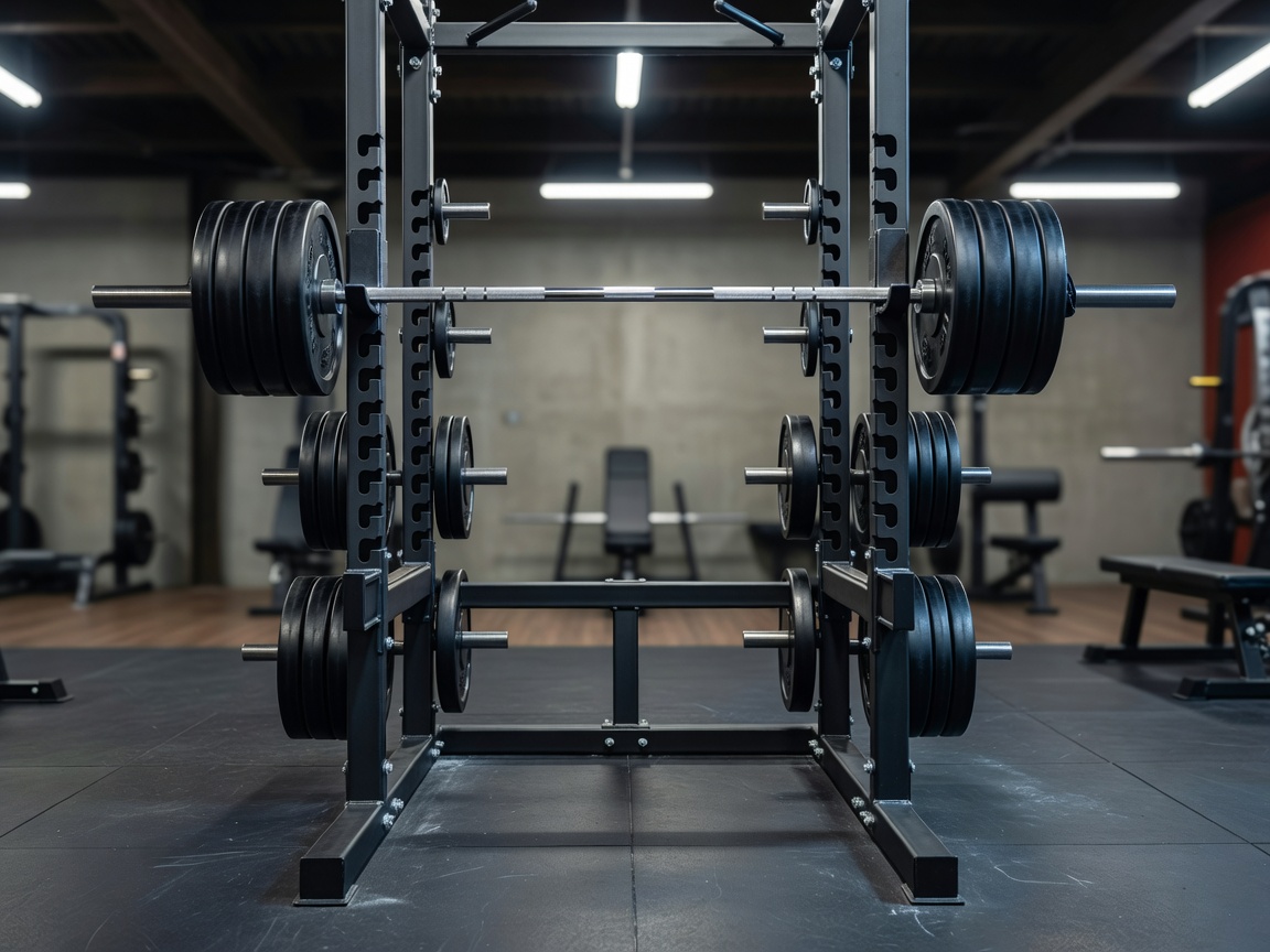 Steel power rack with a barbell racked on J-cups and bumper plates stored on the uprights
