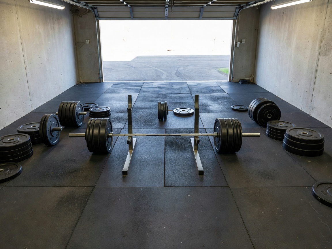Weight plates, a loaded barbell and rubber matting arranged in a converted garage gym